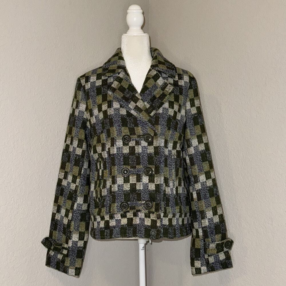 BKE Knit Button Jacket Women's Size Large Green Blue Checkered Pockets Boho Chic